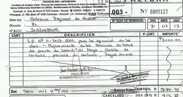En la factura se puede apreciar que la Notaría Salvador, propiedad de la cuñada del presidente del Congreso, Fredy Otárola, brindaba servicios al GRA.