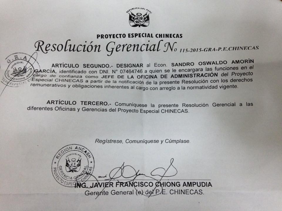 Chimbote: designan como jefe de Administración en Chinecas al economista Sandro Amorín