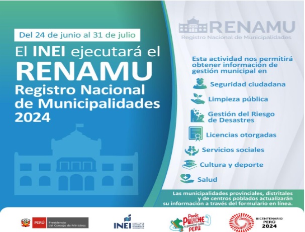 INEI actualiza el Registro Nacional de Municipalidades- 2024 desde junio al 31 de julio