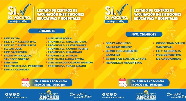 Conozca puntos de vacunación para niños de 5 a 11 años en Chimbote y Nuevo Chimbote