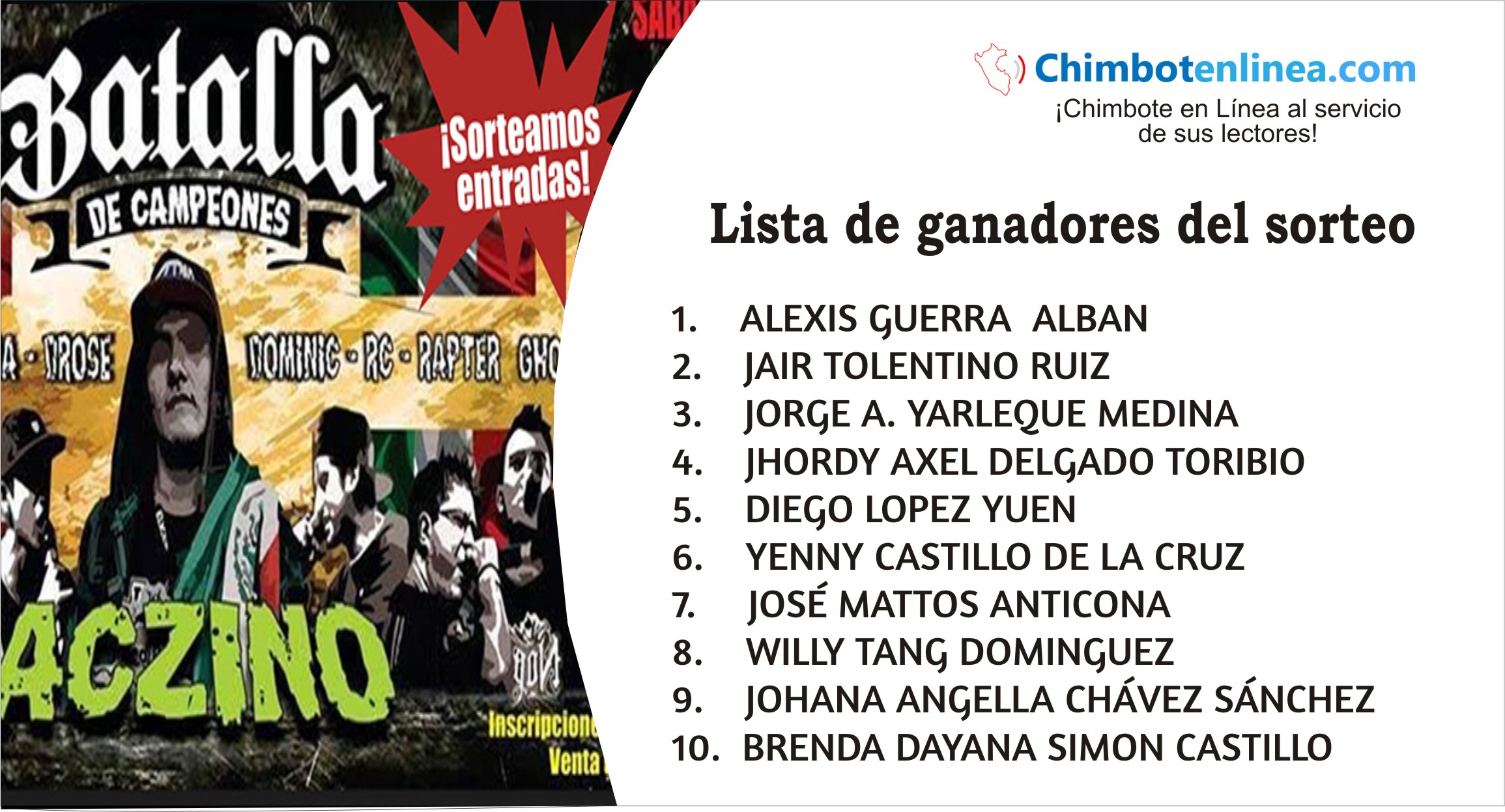 Lista de ganadores del sorteo de entradas para el espectáculo de freestylers en Nuevo Chimbote