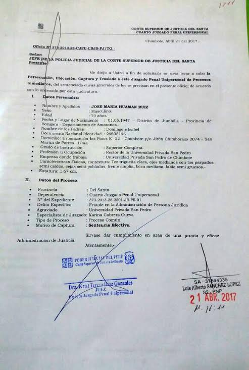 Corte del Santa aclara que notificó oportunamente a Policía Judicial sobre orden de captura a rector de la USP