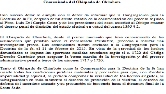 Sacerdote de Nuevo Chimbote fue separado de la Iglesia por grave denuncia en su contra