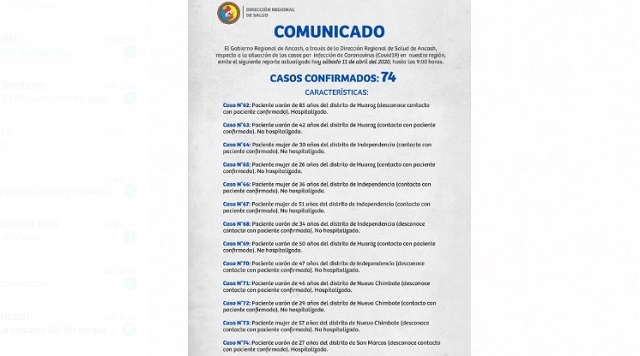 DIRESA emite informe oficial: casos confirmados de Covid 19 se incrementan a 74 en Áncash