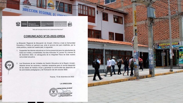 Suspenden clases presenciales 14, 15 y 16 por anuncio de paro indefinido en Áncash
