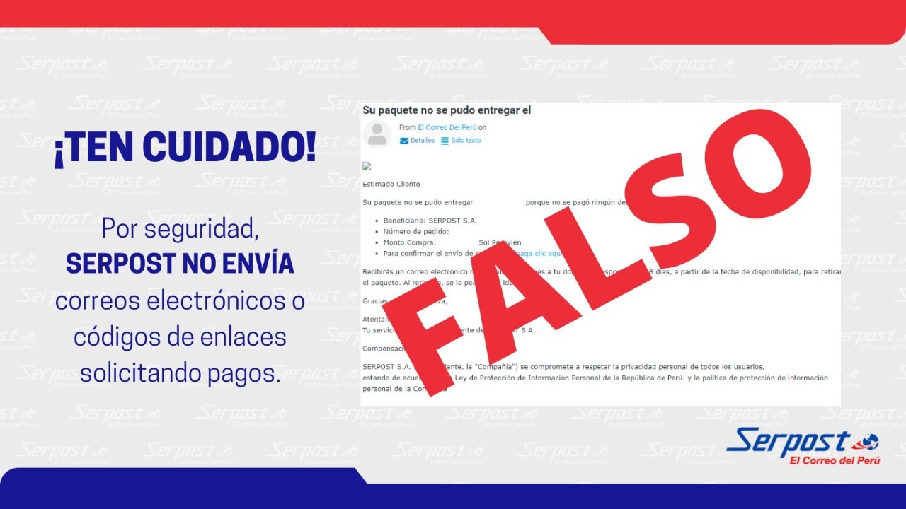 Serpost alerta sobre fraude por correo electrónico, mensajes de texto y WhatsApp