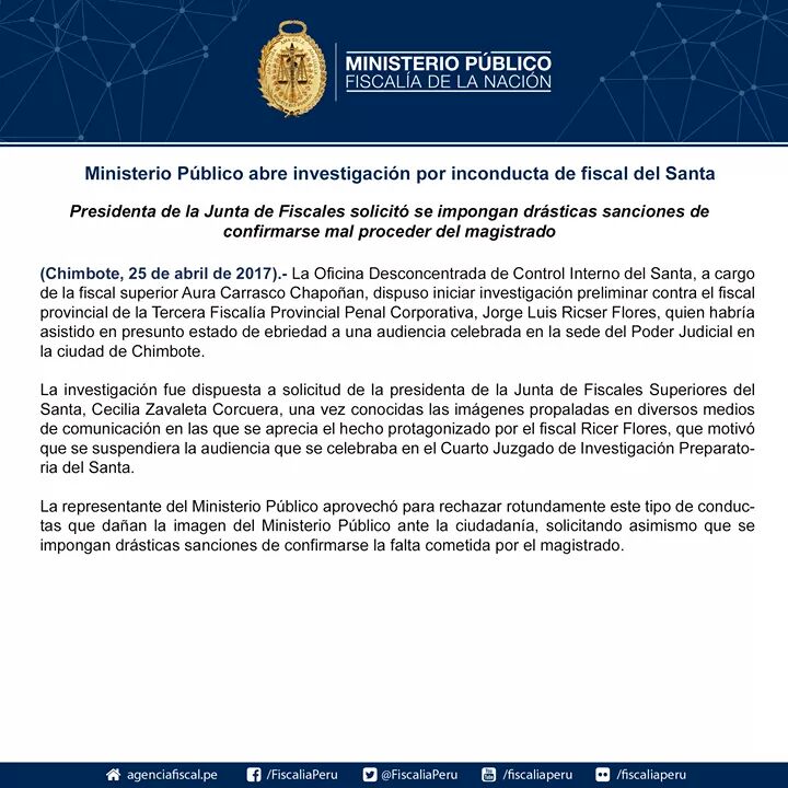 Presidenta de Fiscales del Santa pide sanción drástica de confirmarse falta cometida por fiscal