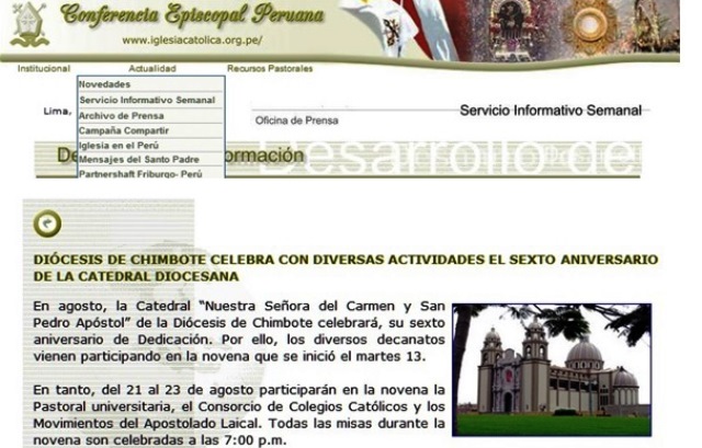 Web de la Conferencia Episcopal Peruana publica nota por aniversario de la Catedral