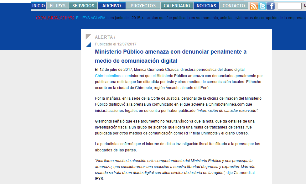 IPYS  lanza alerta respecto a amenaza de denuncia del Ministerio Público contra Chimbotenlinea.com