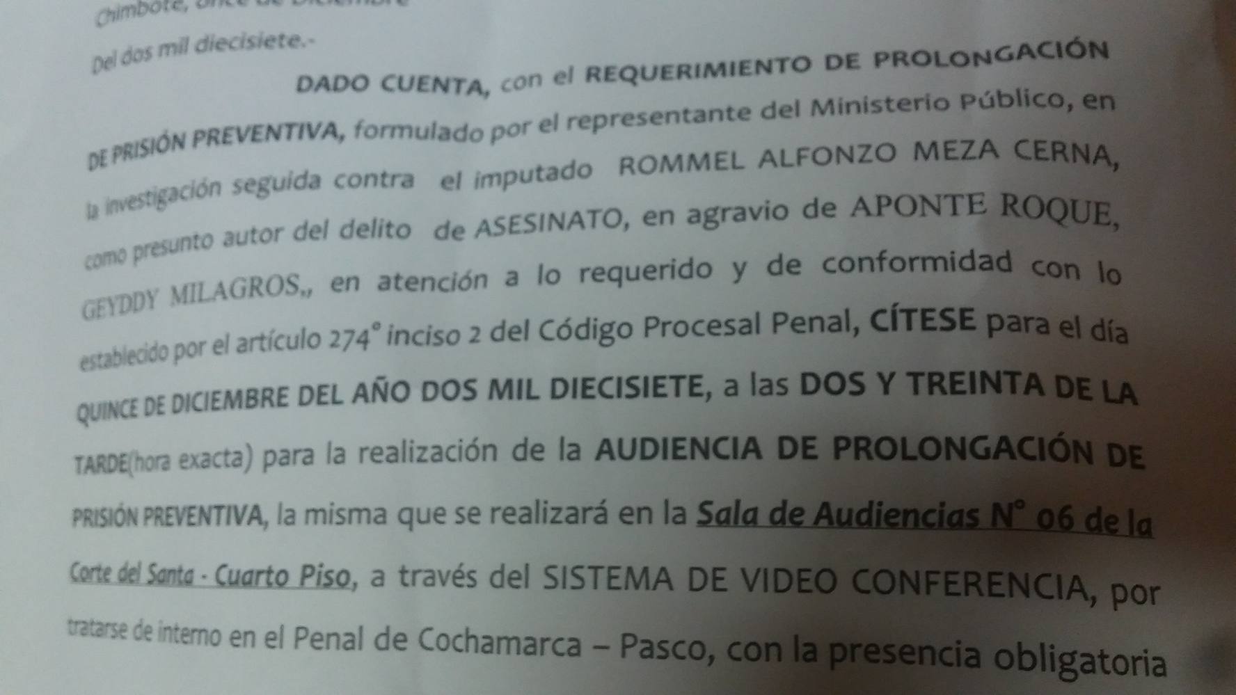 Chimbote: audiencia pedido de prolongación de prisión preventiva para Rommel Meza ya tiene fecha