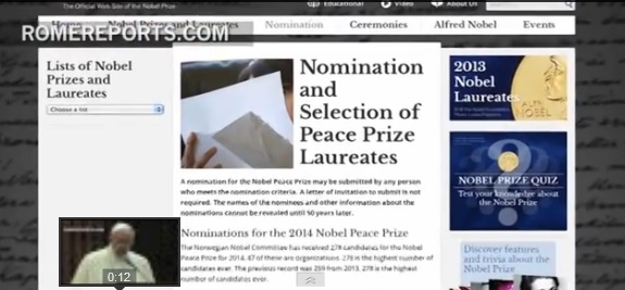 El santo padre es candidato al Premio Nobel de la Paz