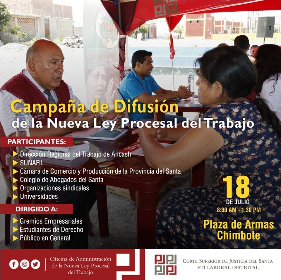 Corte del Santa hará difusión  de la nueva Ley Procesal de Trabajo en Chimbote