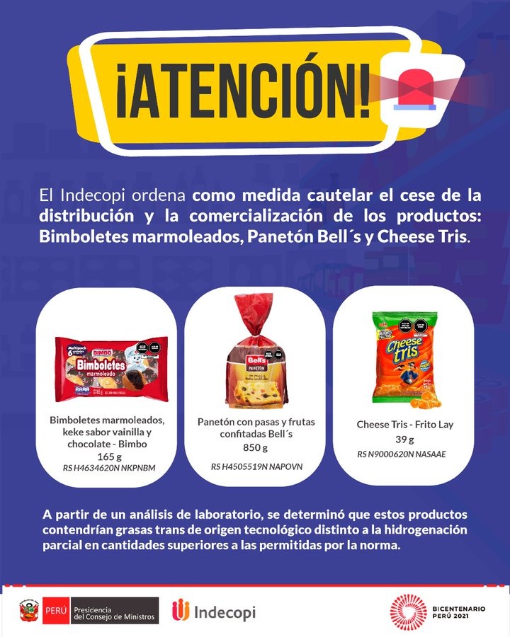 Indecopi ordena retirar del mercado tres productos que superan límite de grasas trans