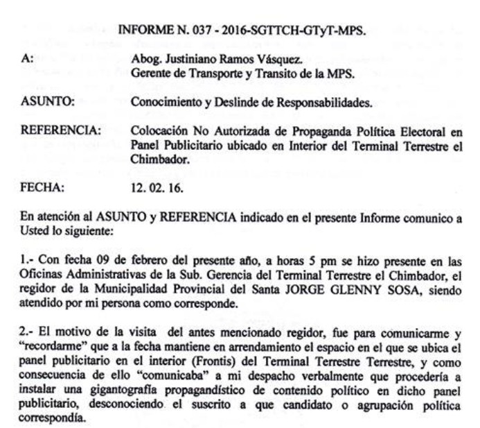 Chimbote: según informe regidor Glenni gestionó colocación de propaganda política dentro del terminal