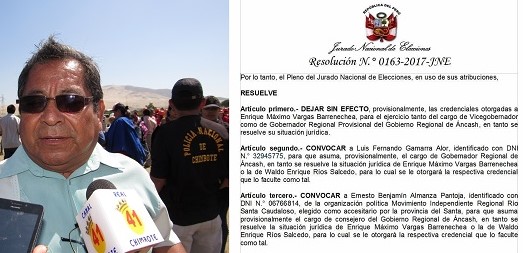 JNE da luz verde a Gamarra para que asuma gobernación regional de Áncash y convoca a nuevo consejero