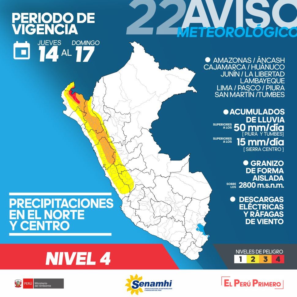 Doce regiones en alerta por lluvias en nivel sobre valores habituales por “El Niño”