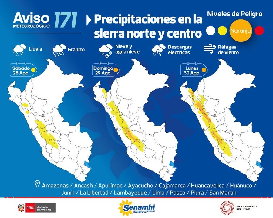 Nieve, granizo y fuertes lluvias soportarán 43 provincias de ocho regiones