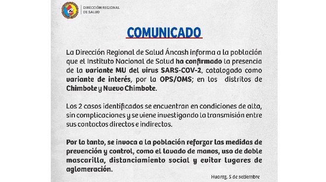 Confirman dos casos de la variante MU en Chimbote y Nuevo Chimbote, no bajemos la guardia