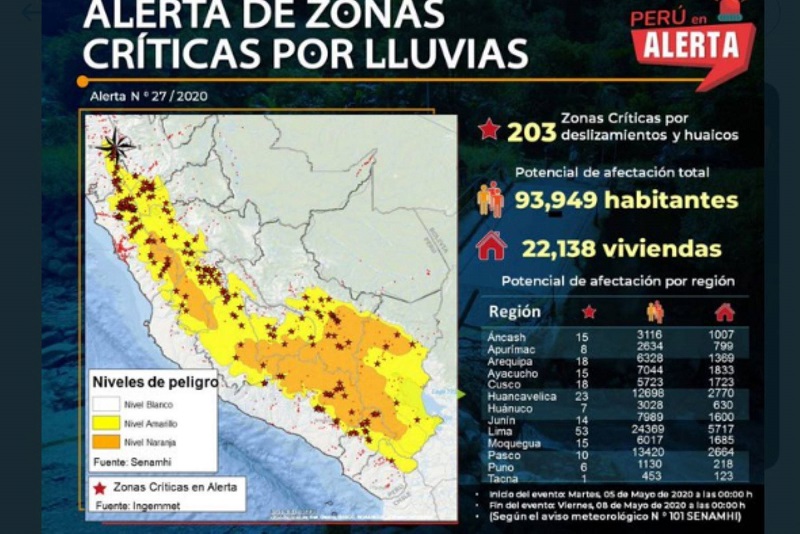Pobladores de 13 regiones en riesgo por lluvias en la Sierra