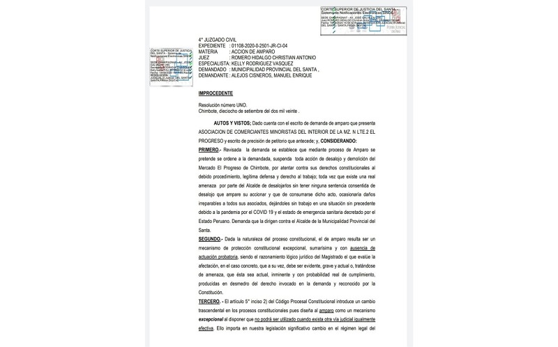 Poder Judicial declaró improcedente acción de amparo de comerciantes de El Progreso