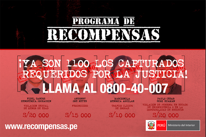 Programa de Recompensas suma 1100 capturados en todo el país