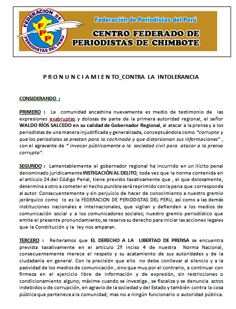 Chimbote: gremio periodístico podría iniciar acciones legales contra Waldo Ríos