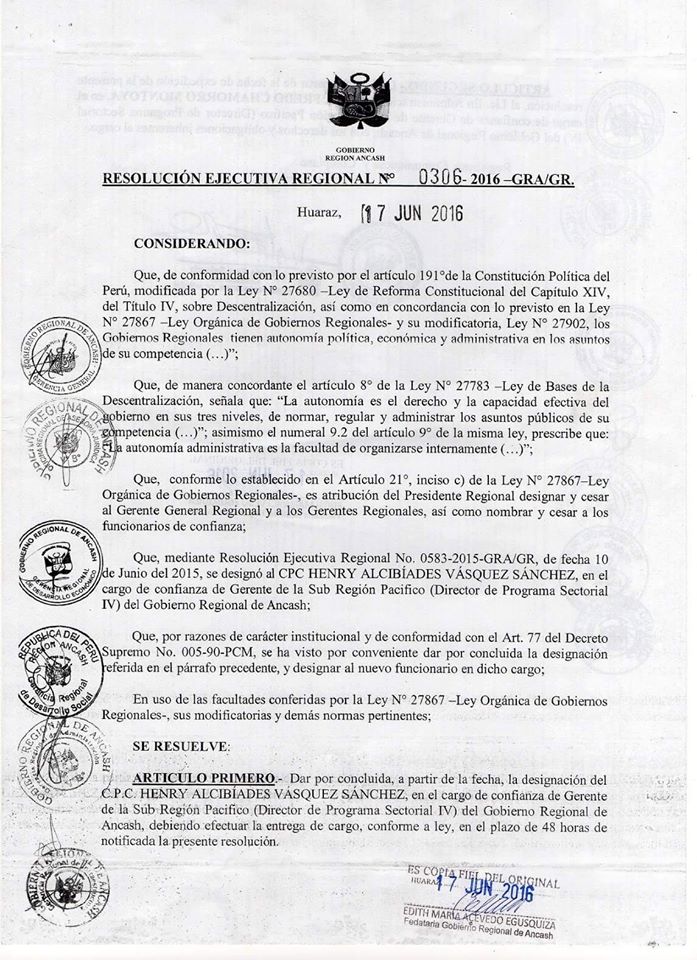 Gerencia de la Subregión Pacífico es reemplazada por Luis Chamorro