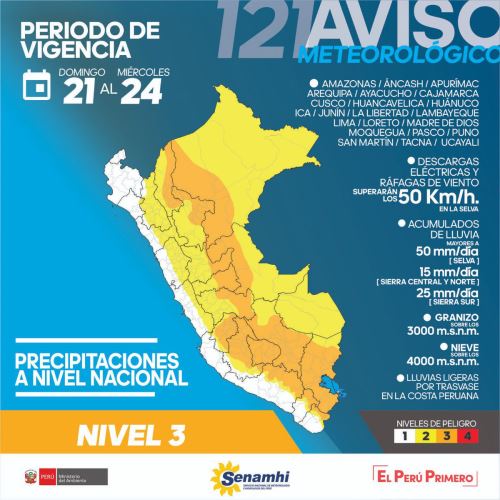 Pronostican lluvias intensas en 22 regiones hasta el miércoles 24 de octubre