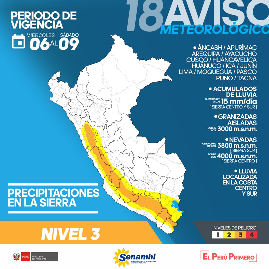 Lluvias de moderada a fuerte intensidad se registrarán en la sierra  de 14 regiones