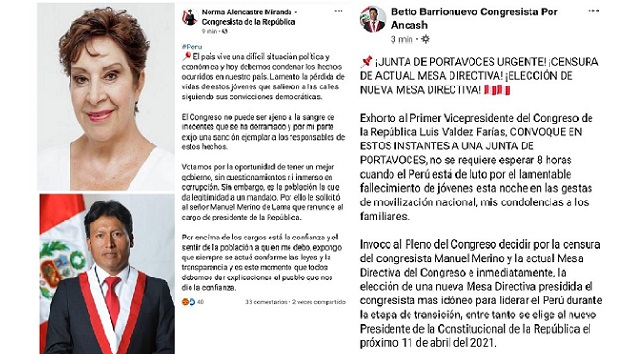 Congresistas Alencastre y Barrionuevo retiran publicaciones en Facebook tras recibir avalancha de críticas